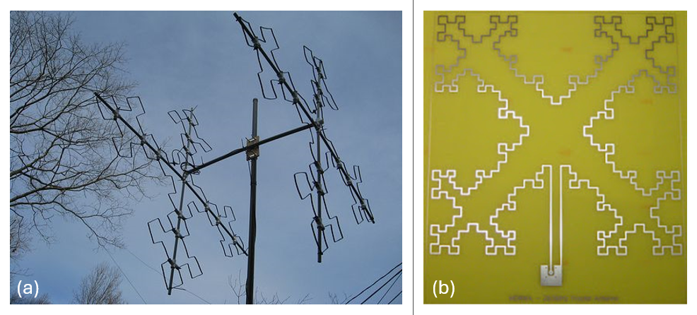 Fractal Antenna Diversity. (a) Fractal antennas transcend PCBs. Here's a full-size, mast-mounted example (Image: UMITS). (b) A microstrip fractal quad antenna fabricated on a dielectric substrate (Image: CC BY-SA license).