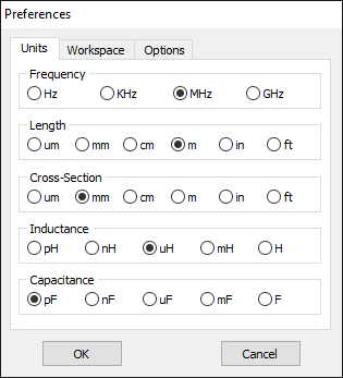 Units tab in the Preferences dialog box where frequencies, lengths, wire cross-sections, inductances, and capacitances can be set.