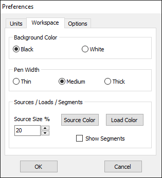 Preferences dialog box showing the Workspace tab, where the workspace background color, pen width, and appearance of sources/loads can be set.
