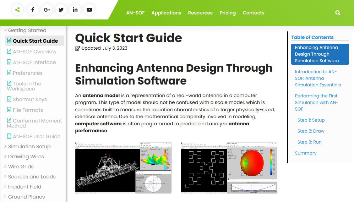 Screenshot of the Quick Start Guide article showcasing AN-SOF Antenna Simulation Software.