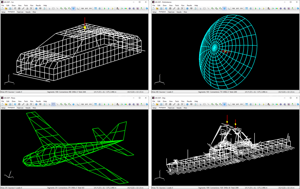 Computer models of a car, a parabolic reflector, a plane, and a ship using wire grids.