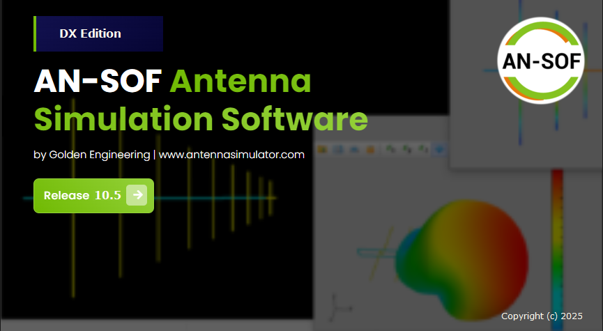 Screenshot of the About window of AN-SOF DX 10.5, exclusive antenna simulator edition for licensed radio hams.